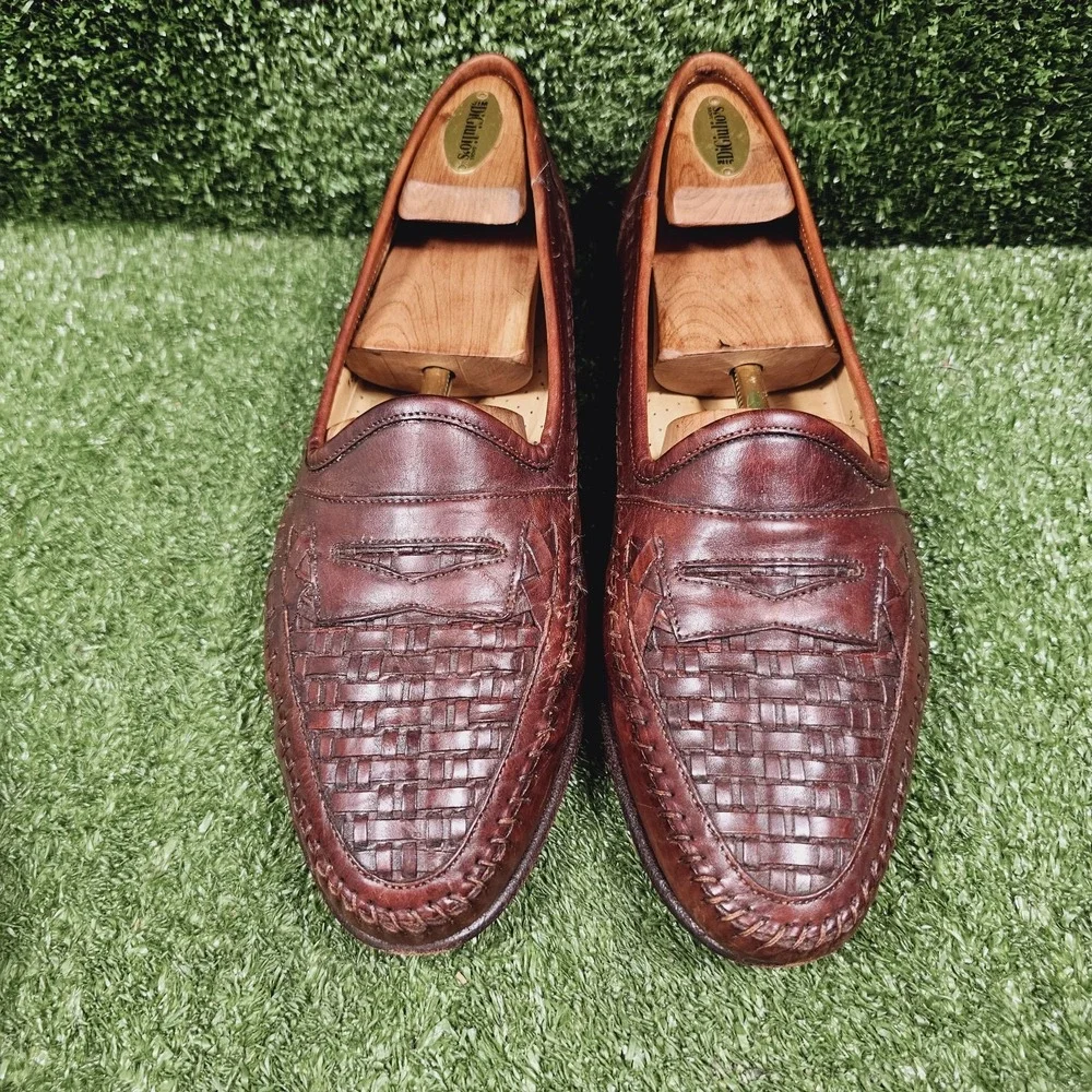 Santoni Woven Brown Leather Slip On Dress Penny Loafers Mens Size 9.5